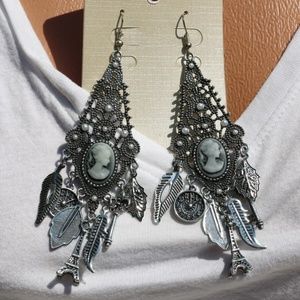 Long Boho Earrings Silvertone Victorian Lady Cameo